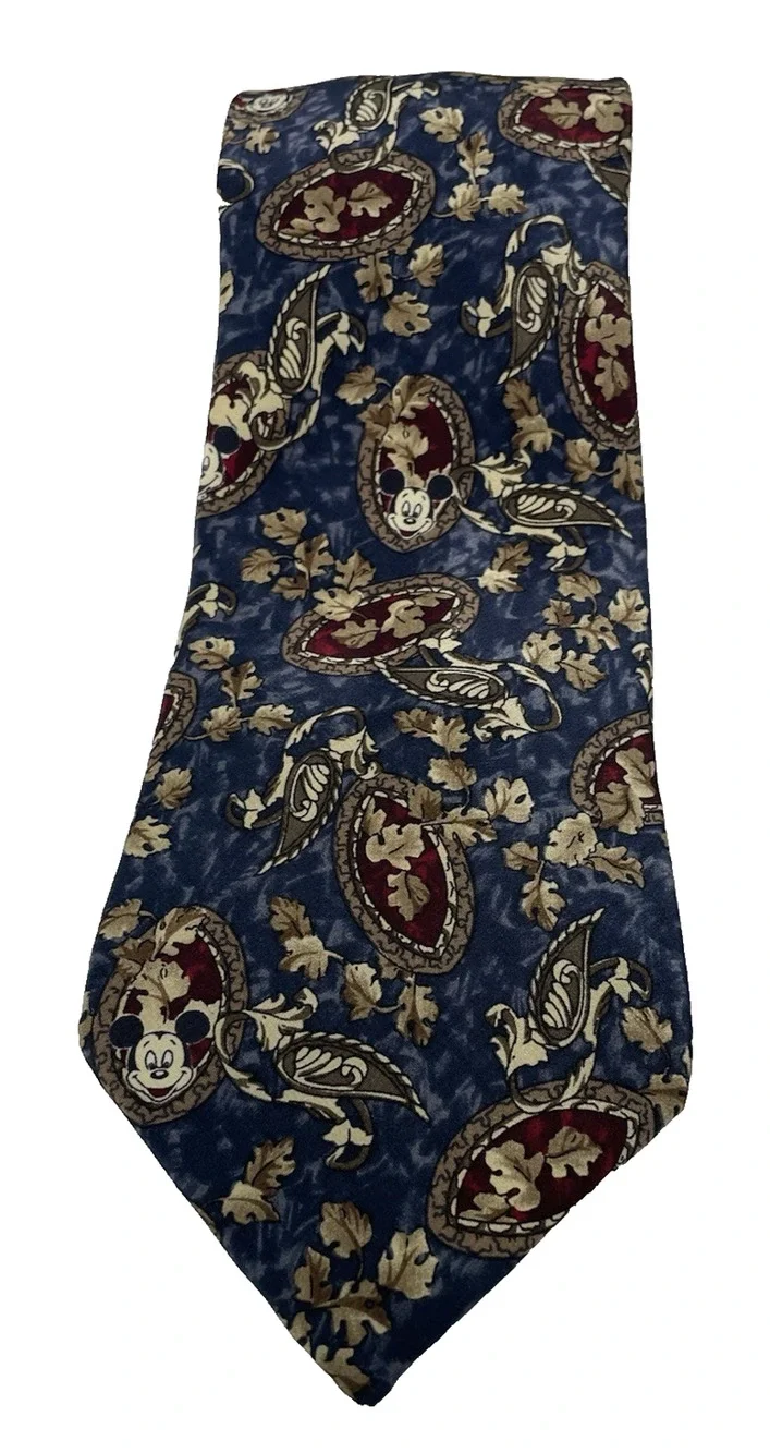 Vintage Mickey Mouse Disney 100% Silk Necktie Blue Paisley Leaves Extra Long 61
